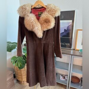Suede Penny Land Coat with Plush Shearling Collar - Brown